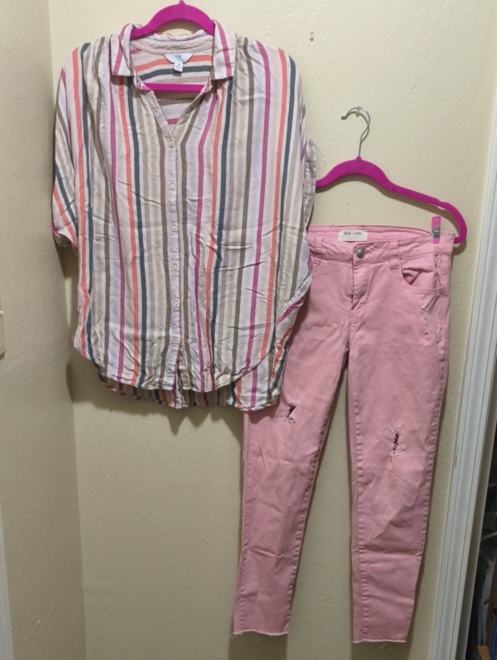 Striped Button-Down Blouse in Pink, Cream & Gray W/ Pink Pants